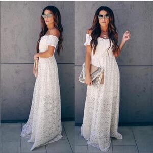 Aakaa Sz S Lace Smocked Dress Cream Ivory Short Sleeve Long Wedding Bridal